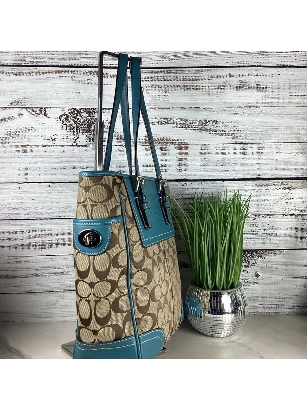 Coach Y2K Signature Gallery Shoulder Bag Teal Blue Tan Brown‎ Tote Leather Lapto